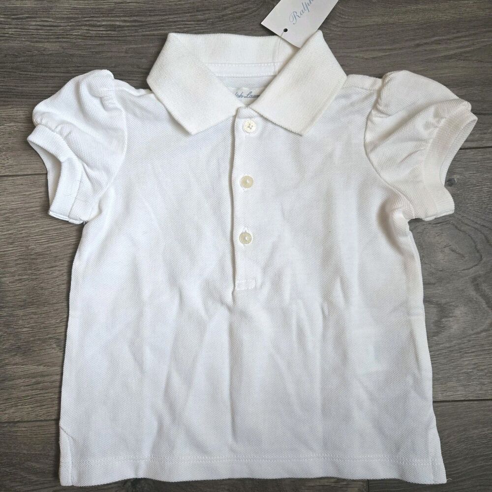 NWT Ralph Lauren Baby Girl White Short Sleeve Polo Shirt Pique Cotton Top 12M